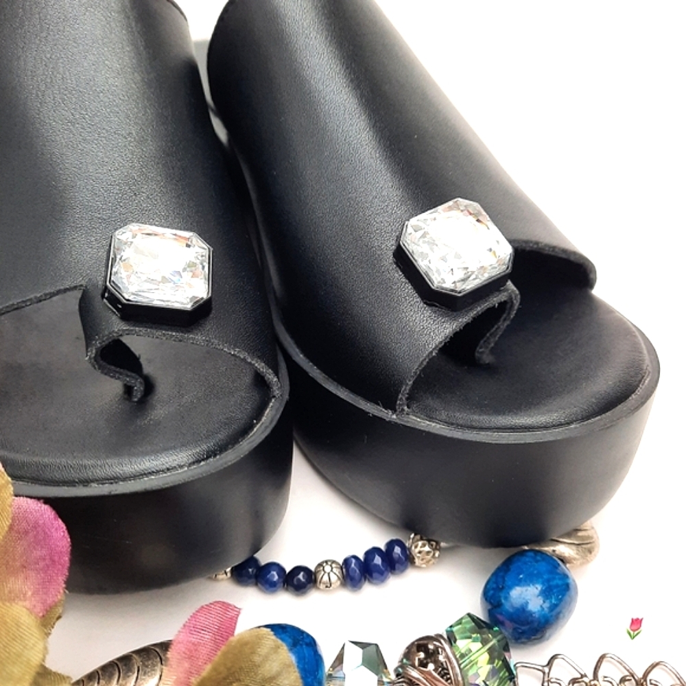 Black Slides Platforms with Large Rhinestones π Toe Loop - Picture 9 of 10